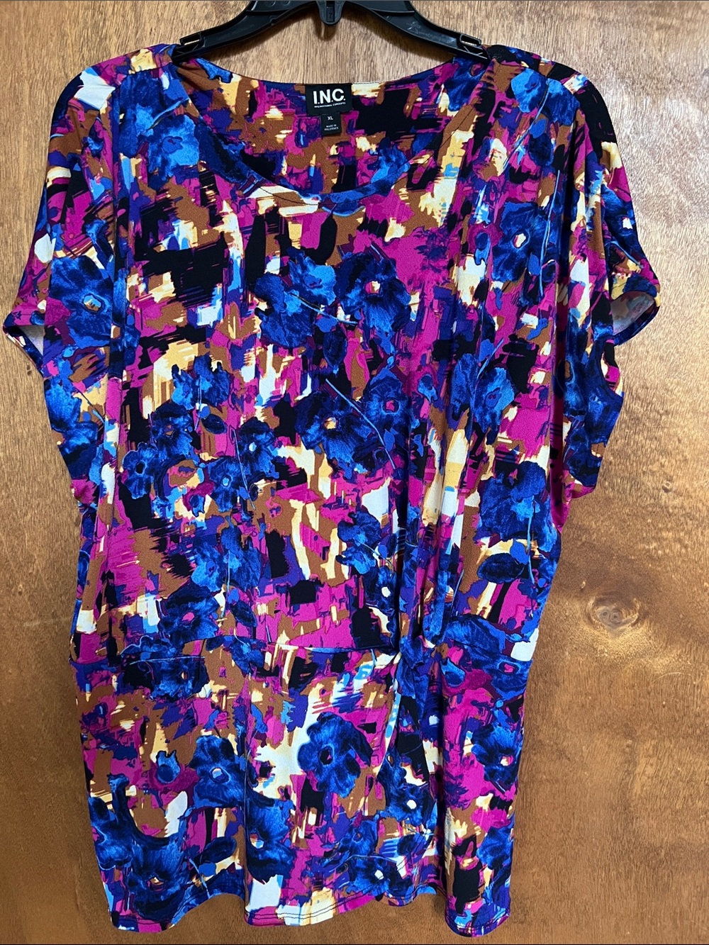 INC International Concepts Floral Abstract Blue & Magenta Short Sleeve Top